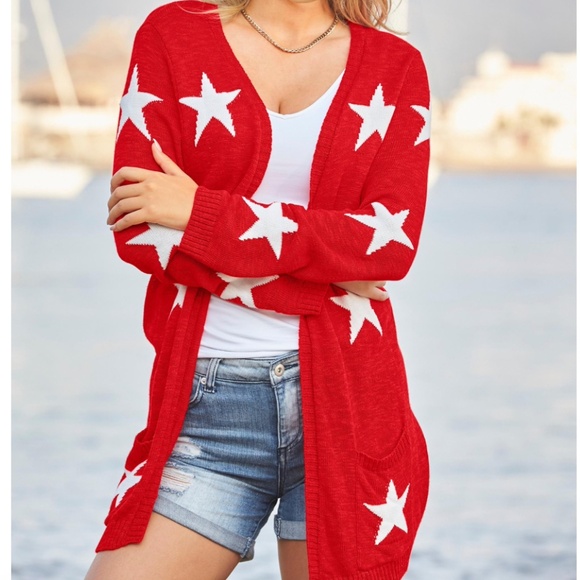 BOSTON PROPER Red Star Open Front Cardigan with Pockets Size XL - Picture 1 of 8